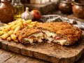 Cachopo recién hecho, crujiente por fuera y jugoso por dentro, con queso fundido y jamón. La receta perfecta para disfrutar con patatas fritas.