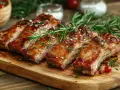 Costillas a la barbacoa jugosas y glaseadas, adornadas con romero fresco y sal gruesa, listas para disfrutar.