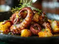 Pulpo a la parrilla con patatas. ¡Qué rico! Hay que descongelar el pulpo para cocerlo y que quede tierno.