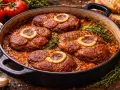 Cuatro medallones de osobuco de ternera cocinados a fuego lento en una cazuela con verduras y hierbas.