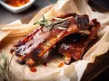 Costillas al horno jugosas y glaseadas, servidas sobre papel de hornear con romero fresco.