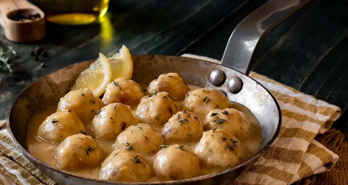 Albondigas de pollo caseras en salsa cremosa, servidas en sartén con limón y hierbas.