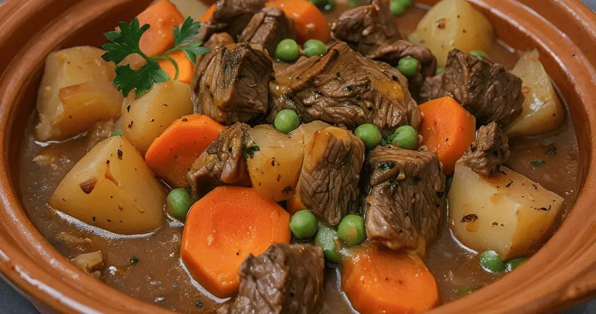 Un reconfortante plato de carne guisada con patatas, zanahorias y guisantes en una cazuela de barro.