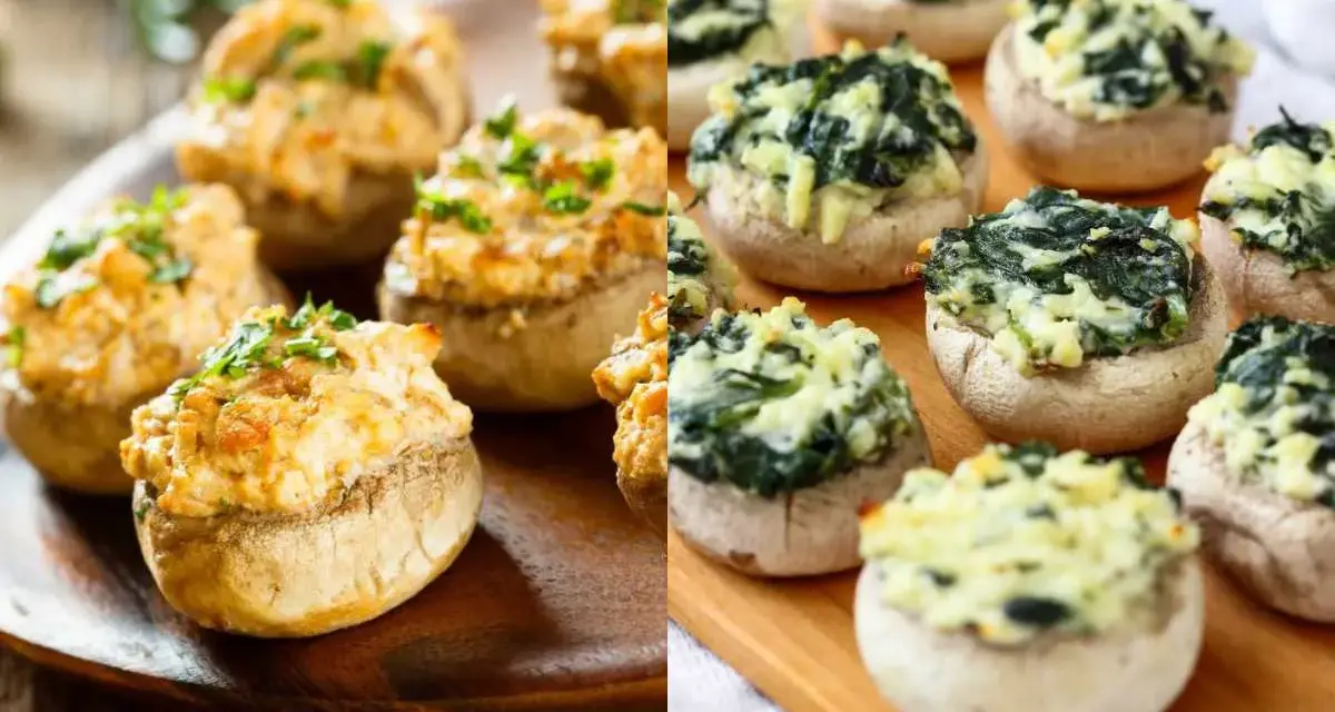 Champiñones rellenos de queso y espinacas, y otros con un relleno cremoso y hierbas. ¡Deliciosos bocados!