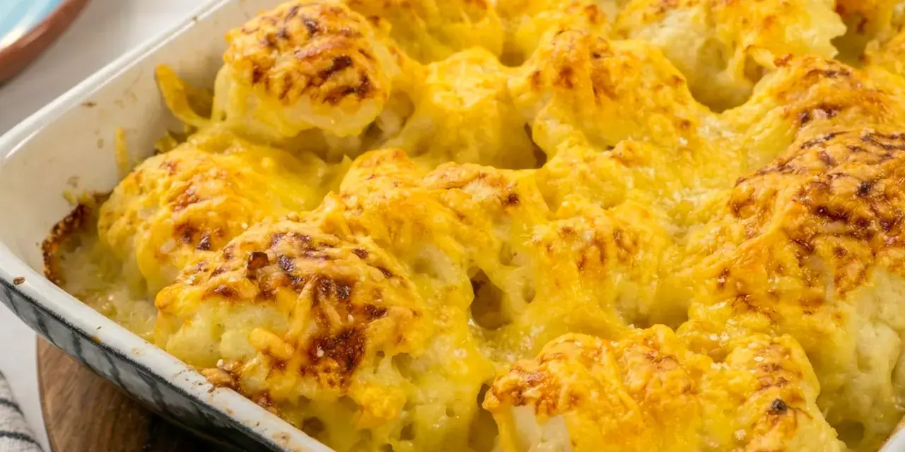 Coliflor gratinada con bechamel cremosa y queso dorado, lista para servir.