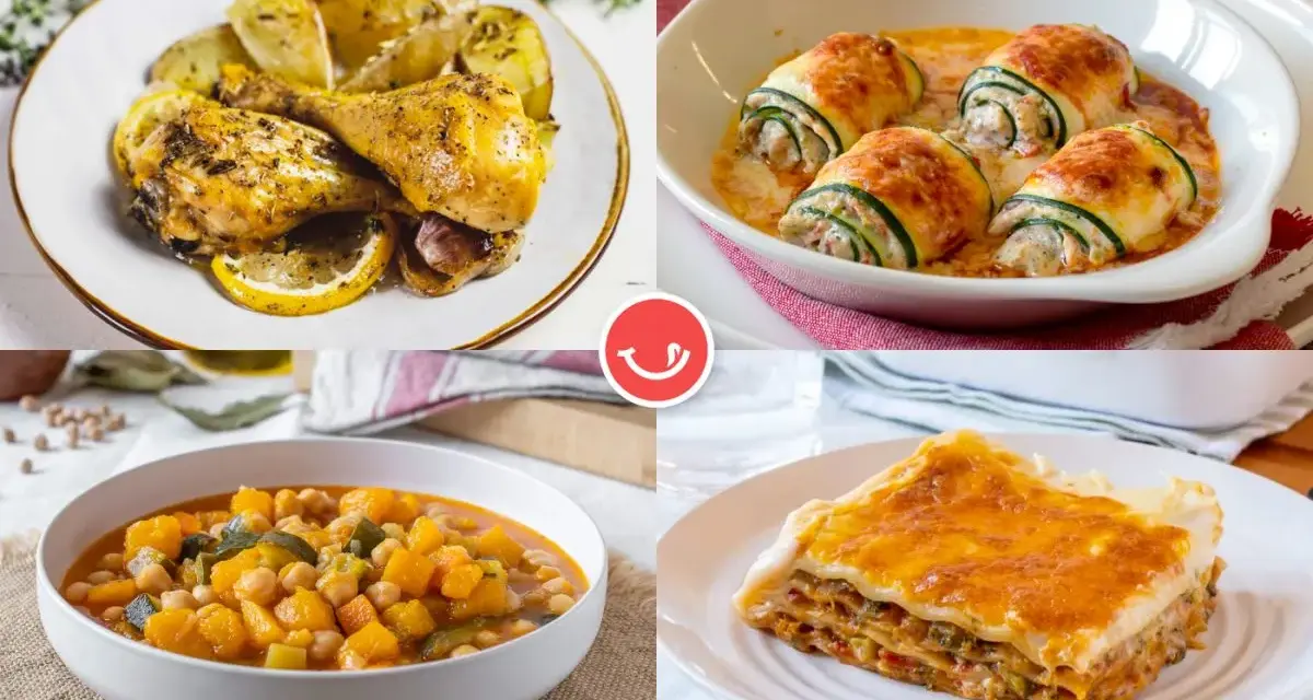 Cuatro platos deliciosos: pollo asado con limón, rollitos de calabacín, guiso de calabaza y garbanzos, y lasaña. ¡Comidas fáciles de hacer para disfrutar!