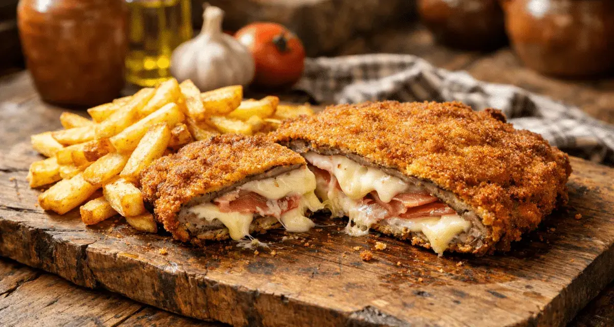 Cachopo recién hecho, crujiente por fuera y jugoso por dentro, con queso fundido y jamón. La receta perfecta para disfrutar con patatas fritas.