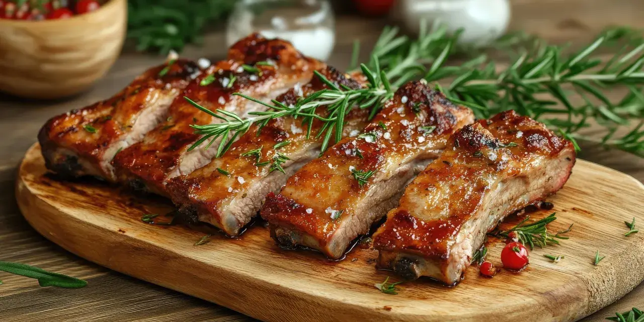 Costillas a la barbacoa jugosas y glaseadas, adornadas con romero fresco y sal gruesa, listas para disfrutar.