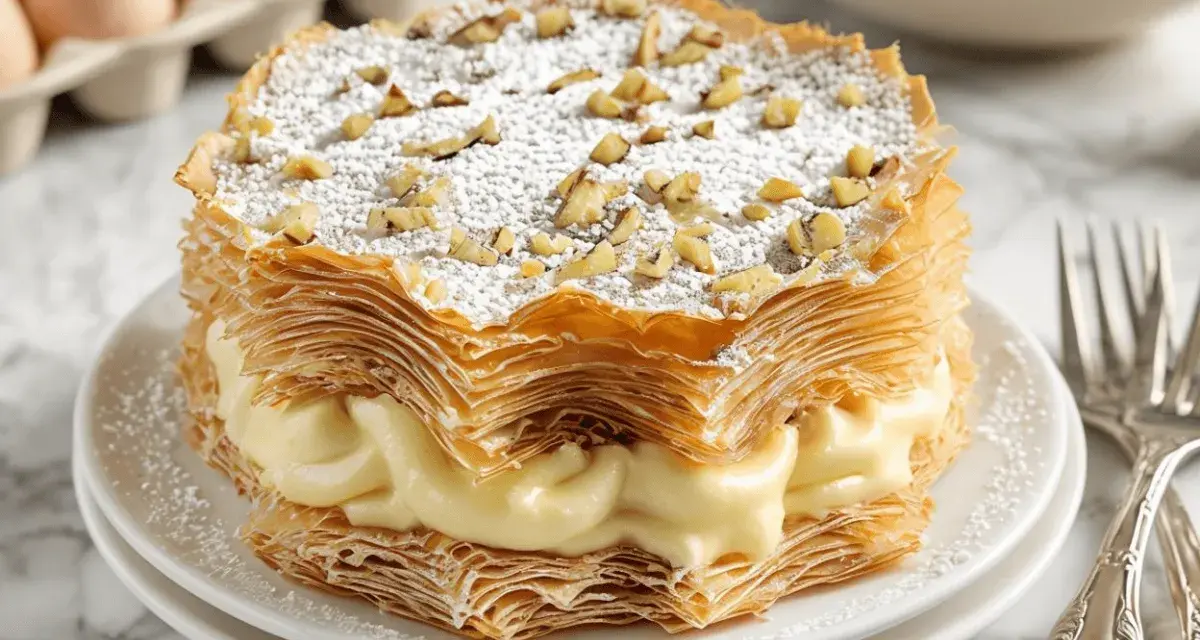 Deliciosa tarta árabe de capas crujientes y crema pastelera, espolvoreada con azúcar glas y nueces picadas.