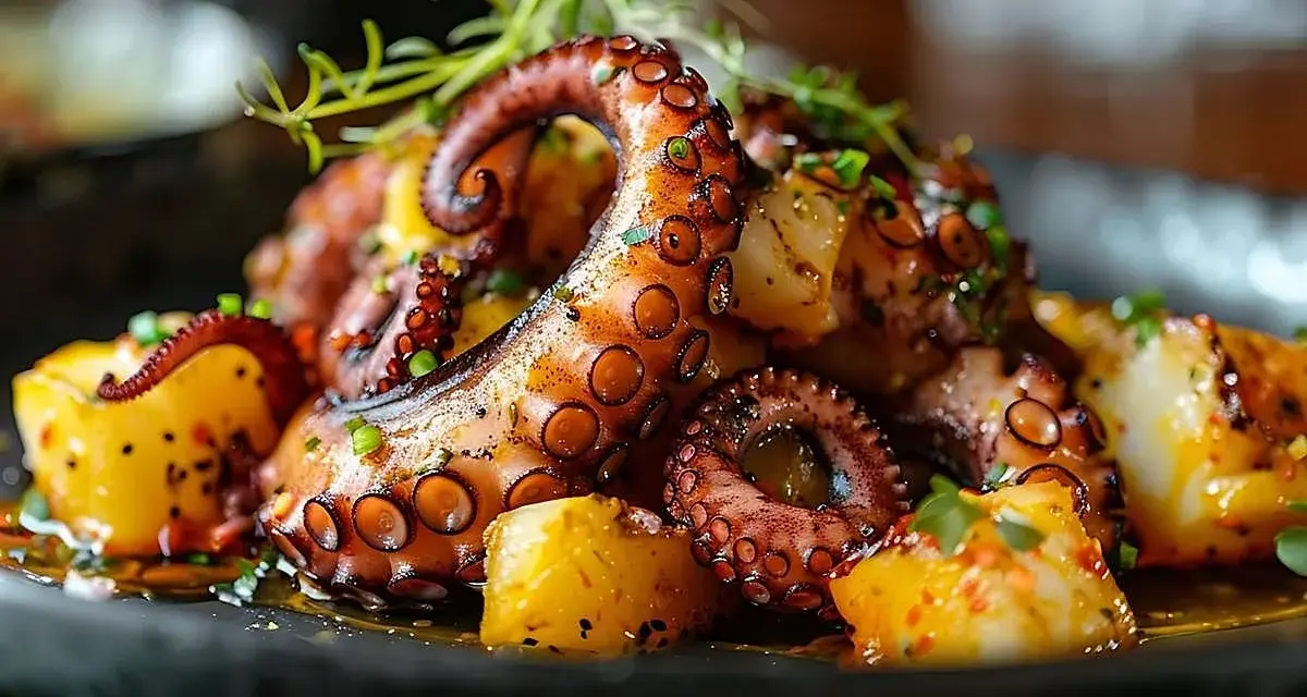 Pulpo a la parrilla con patatas. ¡Qué rico! Hay que descongelar el pulpo para cocerlo y que quede tierno.