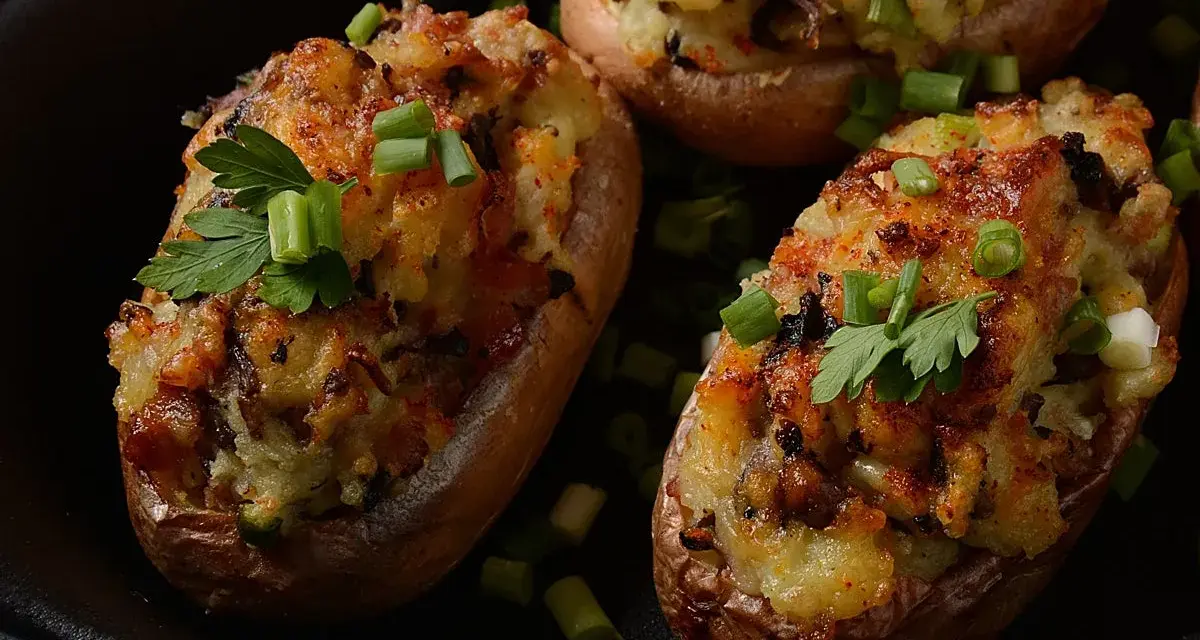 Deliciosas patatas rellenas, doradas y gratinadas, adornadas con cebolleta y perejil fresco.
