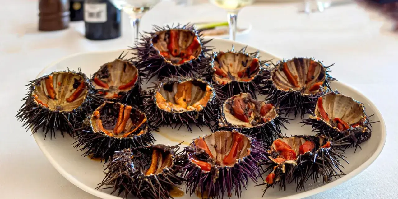 Plato con varios tipos de erizos de mar abiertos, mostrando su interior anaranjado y morado, listos para degustar.