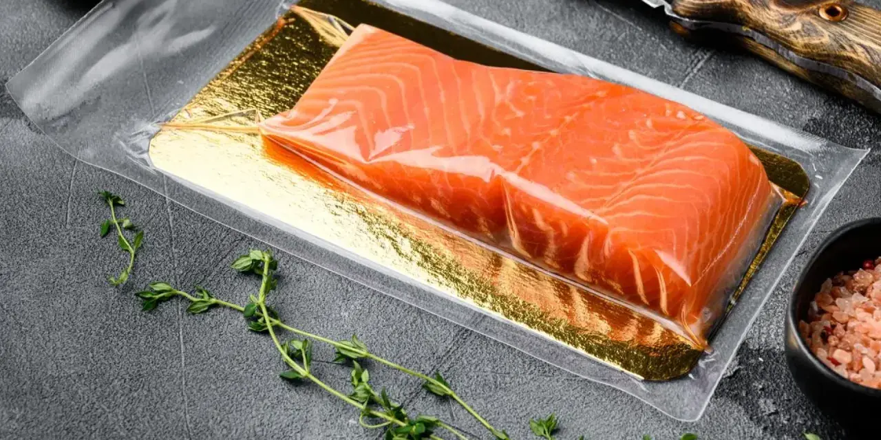 Filete de salmón marinado envasado al vacío, listo para cocinar. Acompañado de tomillo fresco y sal rosada.