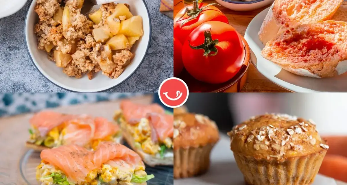 Muffins de avena, tostadas con salmón y huevos, y crumble de manzana son deliciosos desayunos saludables.