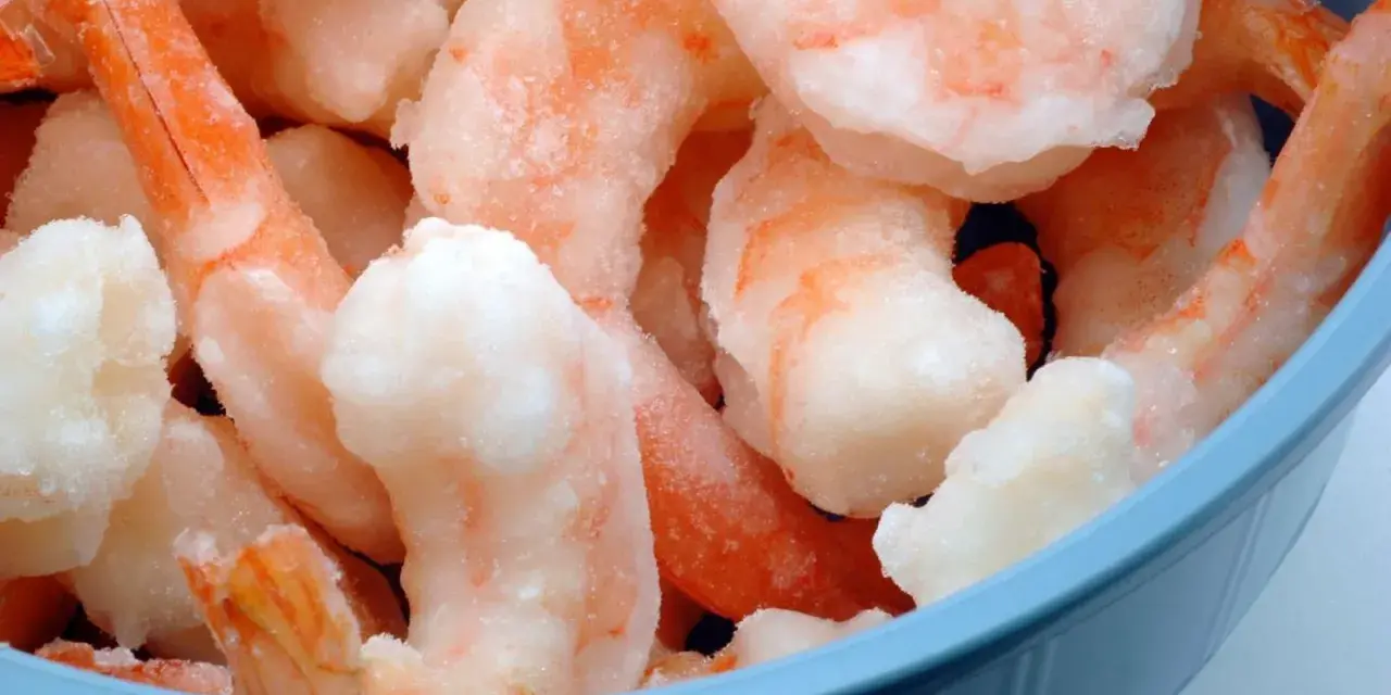 Langostinos cocidos congelados en un bol azul. Aprende cómo descongelar langostinos cocidos fácilmente para tus recetas.