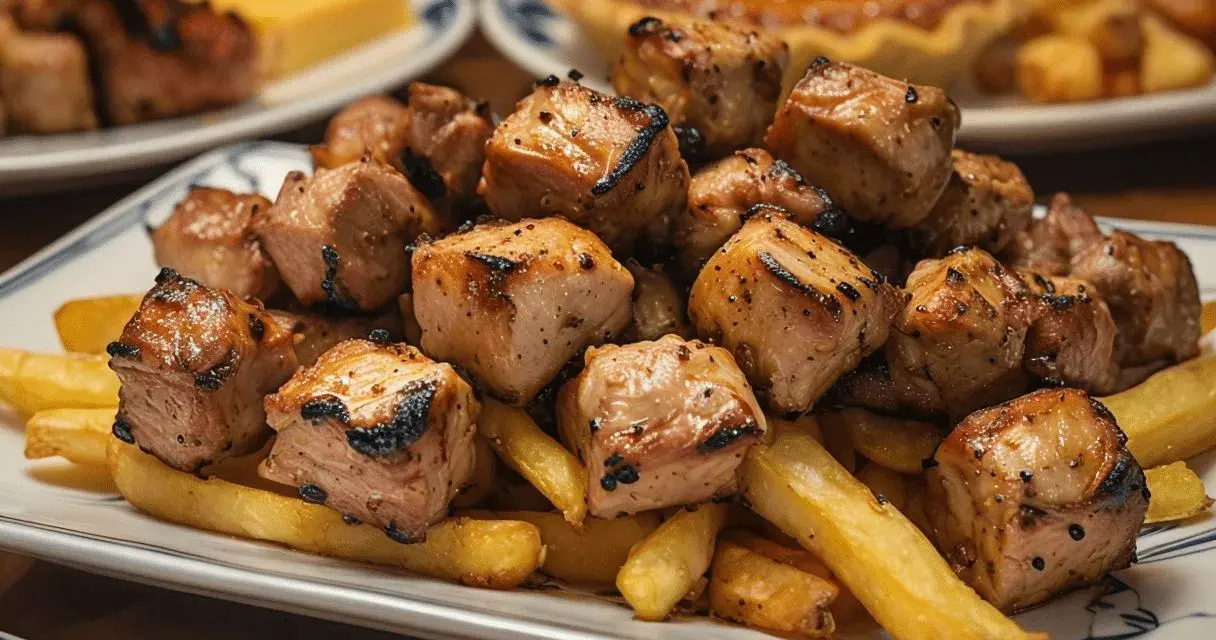 Sabroso raxo gallego a la parrilla, servido sobre patatas fritas crujientes. Un plato contundente y delicioso.
