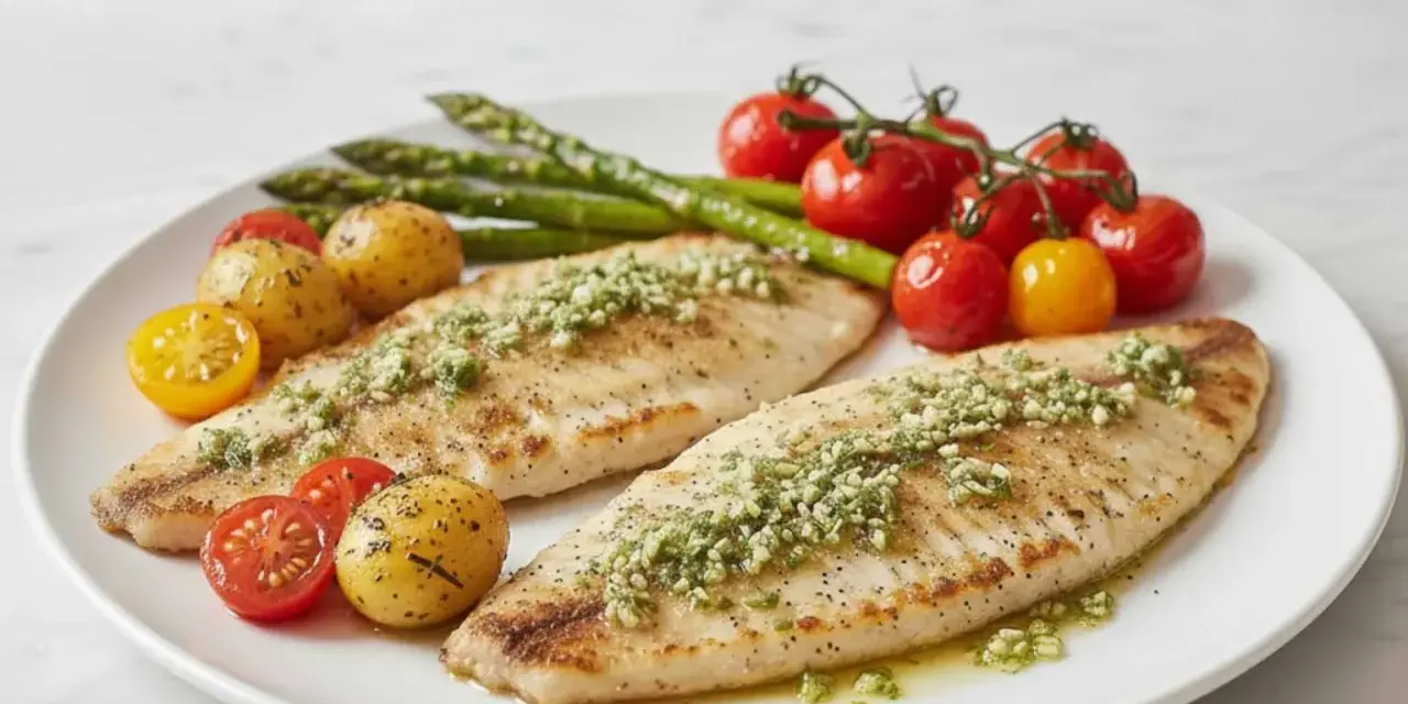 Dos filetes de merluza a la plancha con hierbas, acompañados de patatas pequeñas, espárragos y tomates cherry.