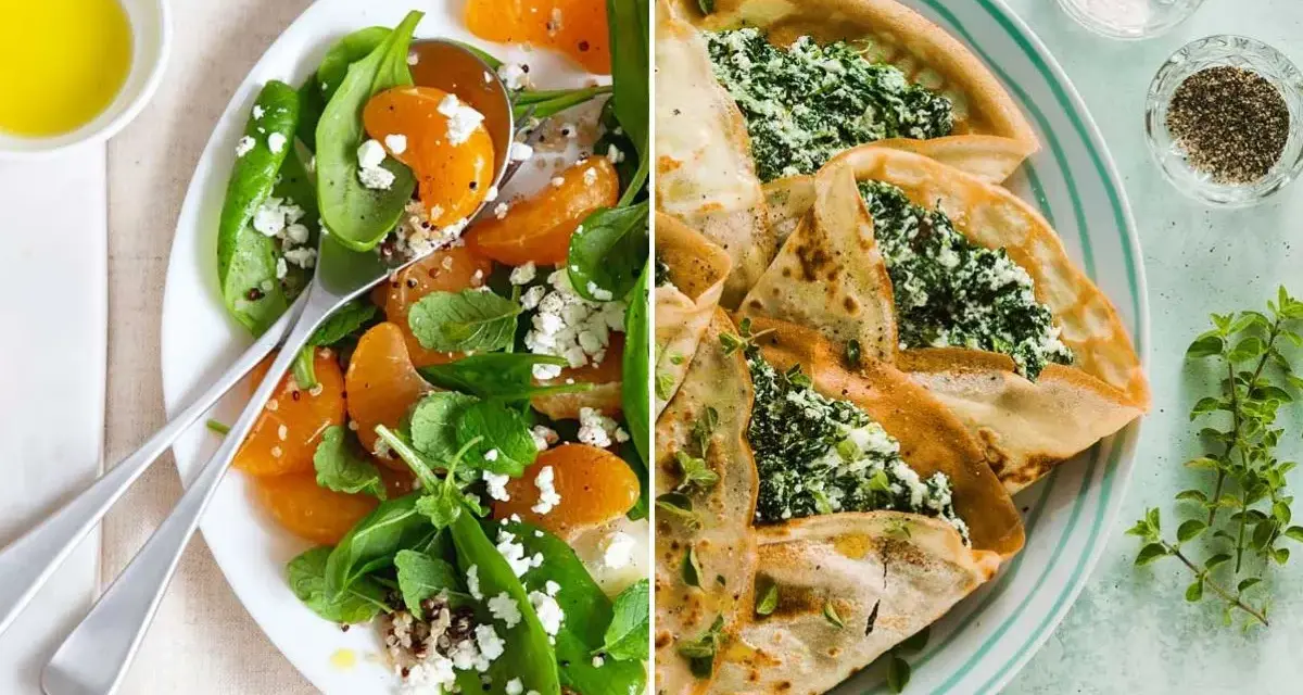 Dos deliciosas recetas con espinacas: una ensalada fresca con naranja y queso feta, y crepes rellenos de espinacas y queso.