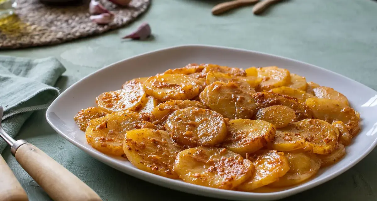 Plato de patatas al ajillo, cortadas en rodajas y cocinadas con ajo y especias.