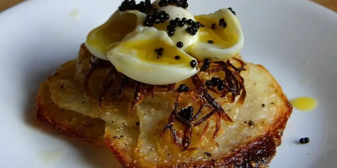 Delicioso aperitivo con patatas crujientes, cebolla frita, huevos de codorniz cocidos y caviar negro.