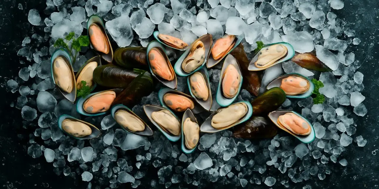 Mejillones frescos listos para congelar, sobre una cama de hielo picado. Su carne naranja y cremosa contrasta con sus conchas oscuras.