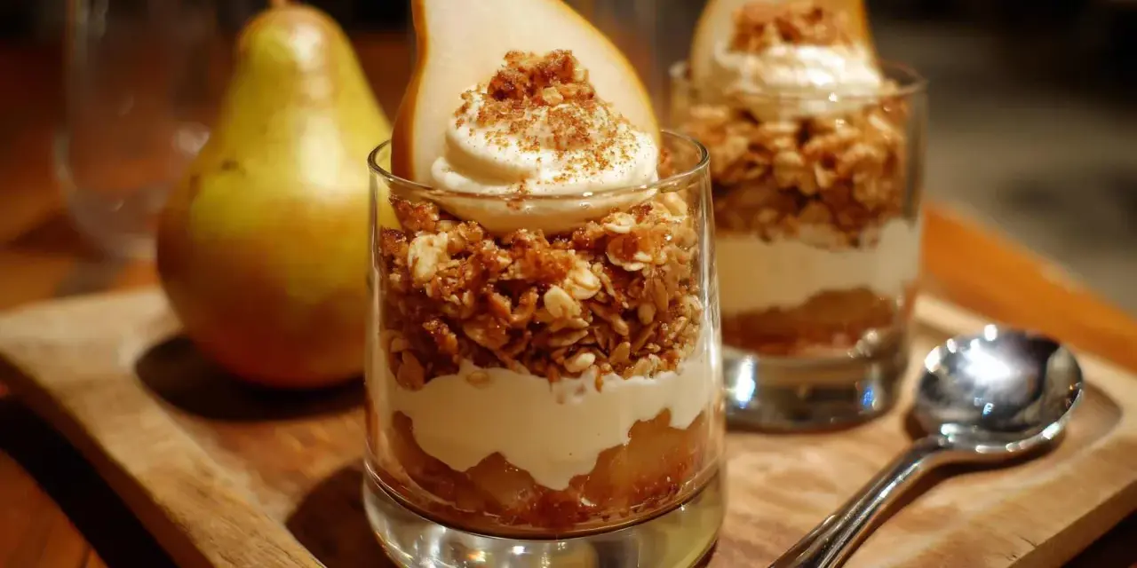 Deliciosos postres fáciles en vaso con pera, crema y granola crujiente. ¡Perfectos para cualquier ocasión!