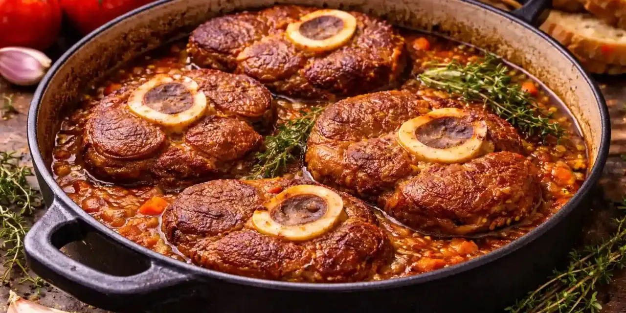 Cuatro medallones de osobuco de ternera cocinados a fuego lento en una cazuela con verduras y hierbas.