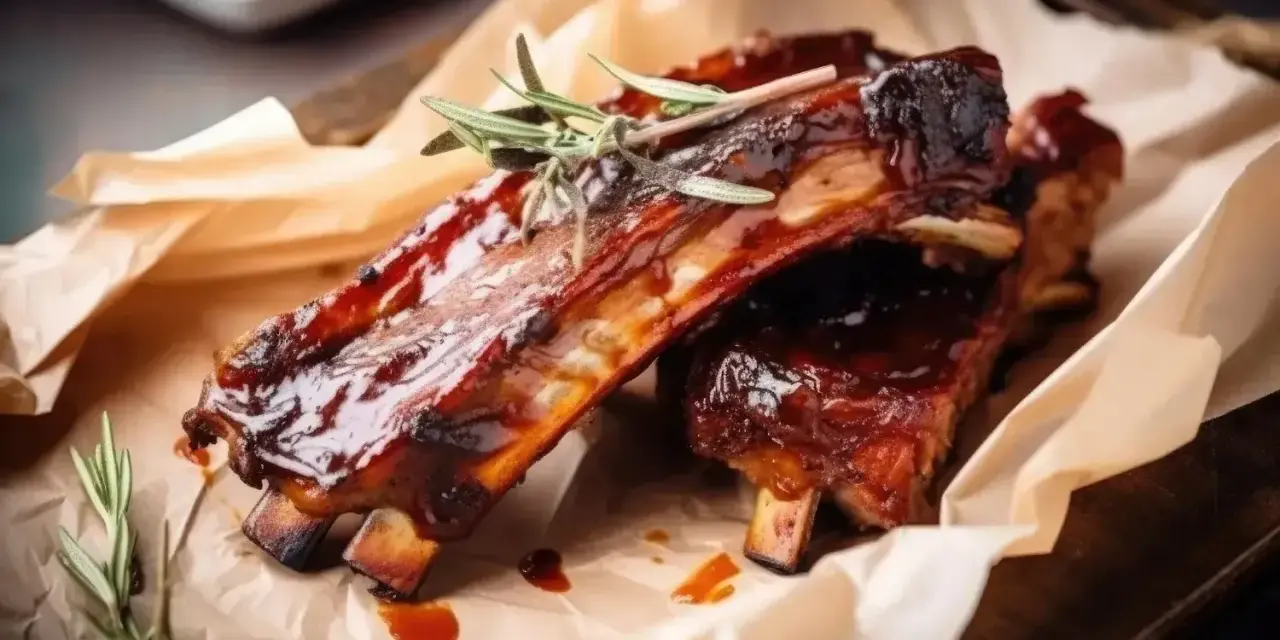 Costillas al horno jugosas y glaseadas, servidas sobre papel de hornear con romero fresco.