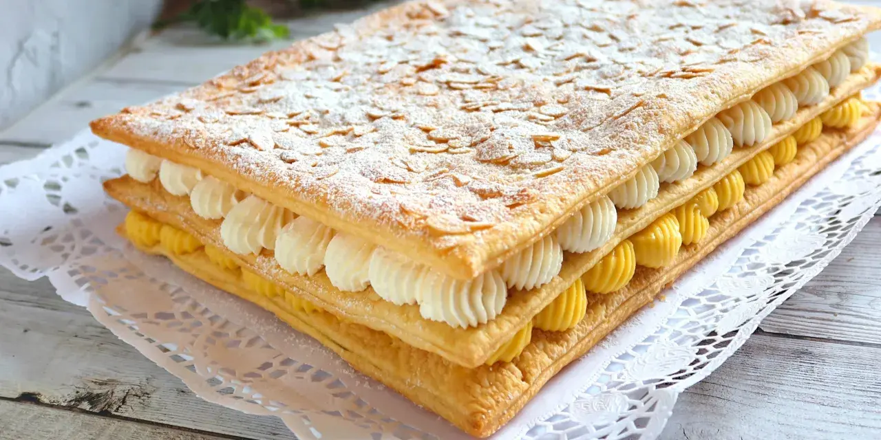 Delicioso pastel de milhojas de crema, con capas de hojaldre crujiente, crema pastelera amarilla y crema batida blanca, espolvoreado con azúcar glas y almendras laminadas.