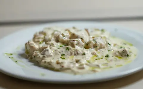 Deliciosa brandada de bacalao cremosa, con trozos de pescado blanco y perejil picado, servida en un plato blanco.