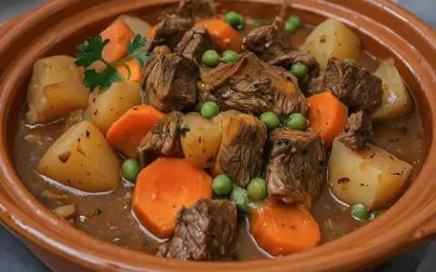 Un reconfortante plato de carne guisada con patatas, zanahorias y guisantes en una cazuela de barro.
