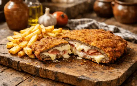 Cachopo recién hecho, crujiente por fuera y jugoso por dentro, con queso fundido y jamón. La receta perfecta para disfrutar con patatas fritas.