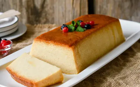 Un delicioso pudin de pan, con una capa dorada y decorado con frutos rojos y menta.