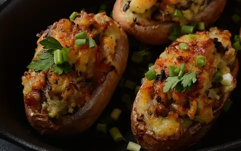 Deliciosas patatas rellenas, doradas y gratinadas, adornadas con cebolleta y perejil fresco.