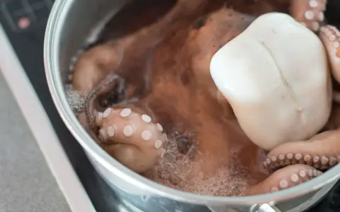Un pulpo entero se cocina en una olla con agua hirviendo. Descubre cómo calentar el pulpo cocido para disfrutarlo.