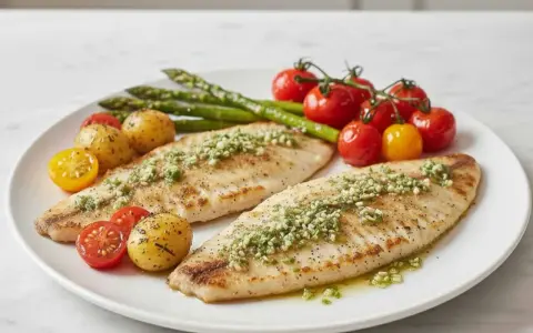 Dos filetes de merluza a la plancha con hierbas, acompañados de patatas pequeñas, espárragos y tomates cherry.