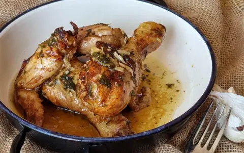 Sabroso pollo al ajillo dorado y jugoso, servido en una cazuela con su jugo y hierbas.