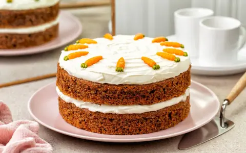Delicioso bizcocho de zanahoria de dos pisos, cubierto con glaseado blanco y decorado con zanahorias de mazapán.