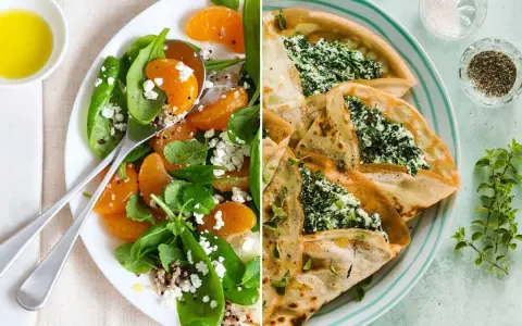 Dos deliciosas recetas con espinacas: una ensalada fresca con naranja y queso feta, y crepes rellenos de espinacas y queso.