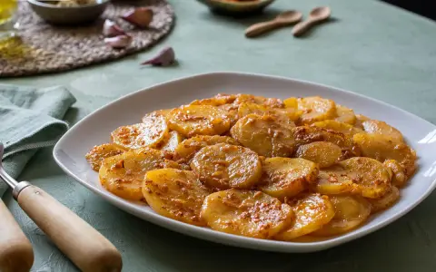 Plato de patatas al ajillo, cortadas en rodajas y cocinadas con ajo y especias.