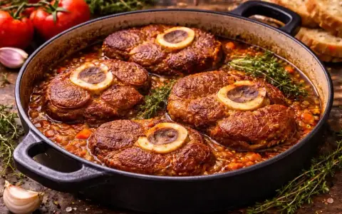 Cuatro medallones de osobuco de ternera cocinados a fuego lento en una cazuela con verduras y hierbas.