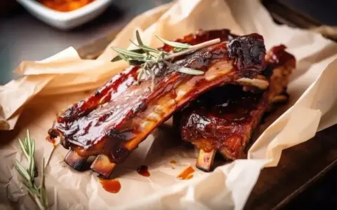 Costillas al horno jugosas y glaseadas, servidas sobre papel de hornear con romero fresco.