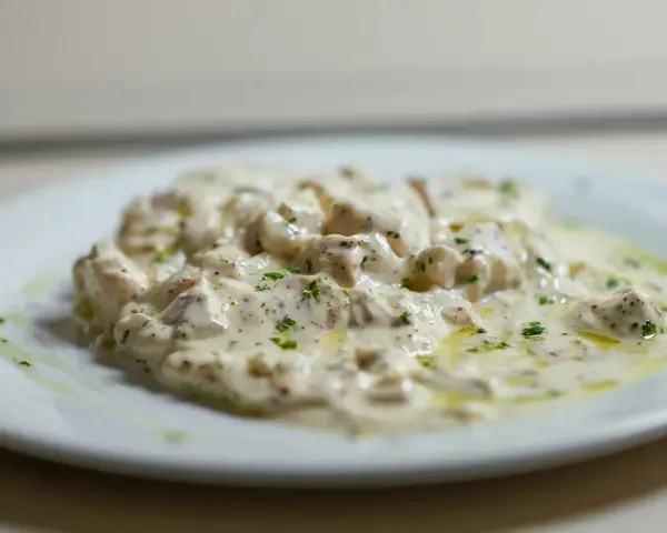 Deliciosa brandada de bacalao cremosa, con trozos de pescado blanco y perejil picado, servida en un plato blanco.