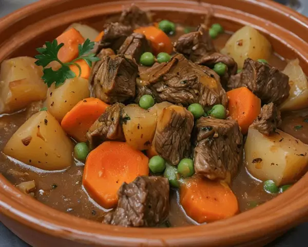 Un reconfortante plato de carne guisada con patatas, zanahorias y guisantes en una cazuela de barro.
