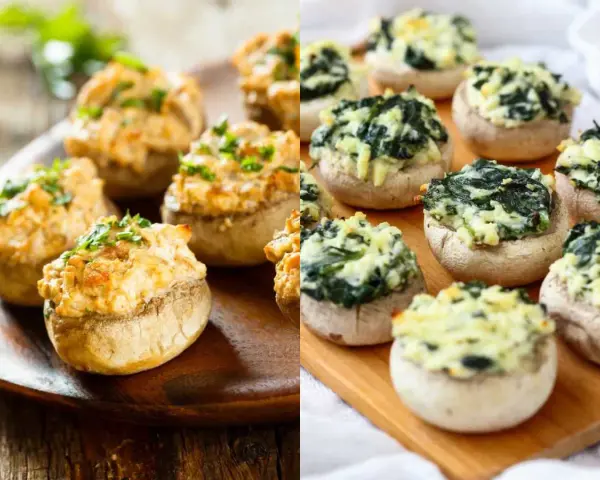 Champiñones rellenos de queso y espinacas, y otros con un relleno cremoso y hierbas. ¡Deliciosos bocados!