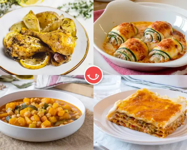 Cuatro platos deliciosos: pollo asado con limón, rollitos de calabacín, guiso de calabaza y garbanzos, y lasaña. ¡Comidas fáciles de hacer para disfrutar!