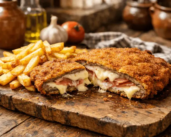 Cachopo recién hecho, crujiente por fuera y jugoso por dentro, con queso fundido y jamón. La receta perfecta para disfrutar con patatas fritas.