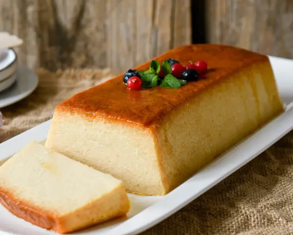 Un delicioso pudin de pan, con una capa dorada y decorado con frutos rojos y menta.