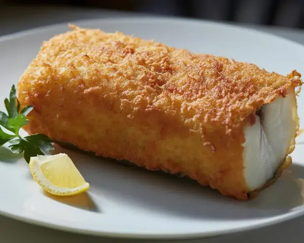 Un trozo de bacalao rebozado y dorado, servido con perejil y limón. Perfecto para tus recetas de bacalao.