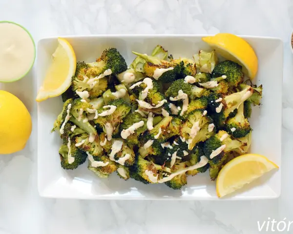 Brocoli al horno con aderezo cremoso y gajos de limón. Un plato saludable y delicioso.